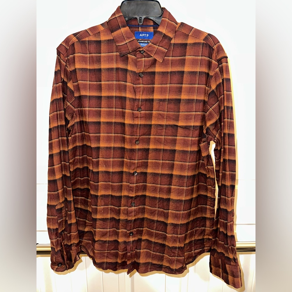 Apt. 9 plaid button down. Super comfy. Runs short, in my opinion.